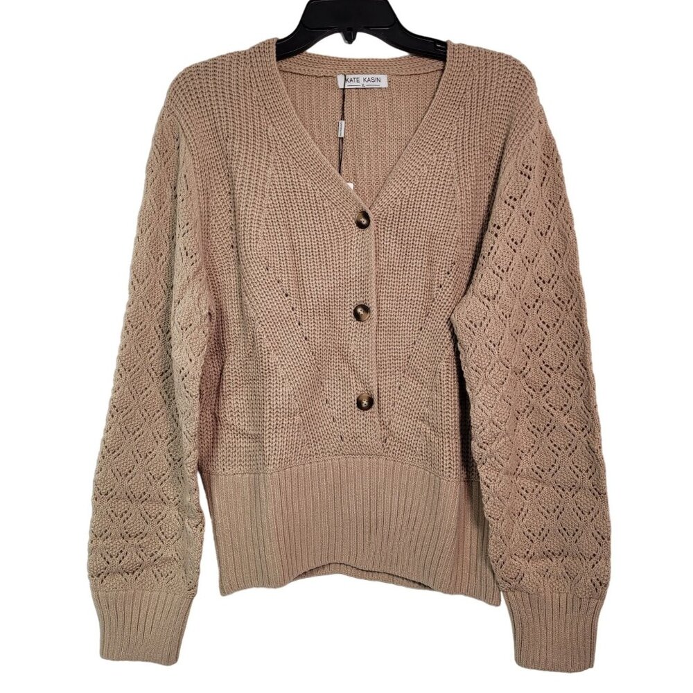 Kate Kasin Women's Long Sleeves Beige Knit Button-Up Pullover Cardigan X-Large